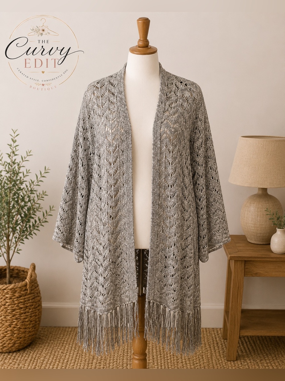 World Market Open Knit Fringe Kimono Cardigan One Size Gray Boho Festival Layer